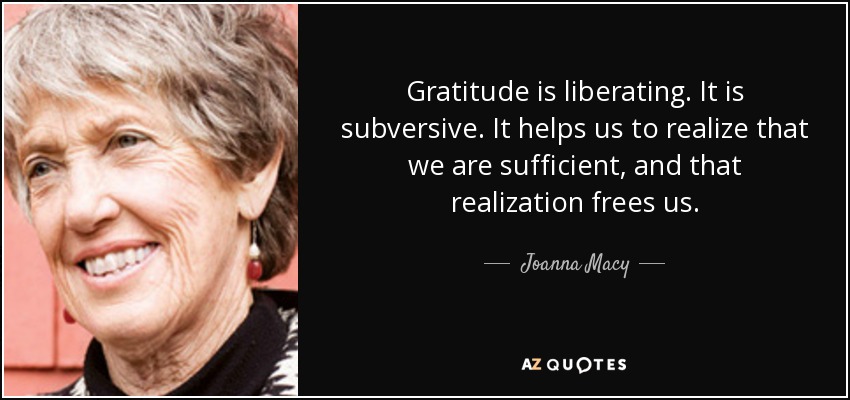 Gratitude is liberating. It is subversive. It helps us to realize that we are sufficient, and that realization frees us. - Joanna Macy