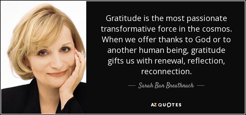 Gratitude is the most passionate transformative force in the cosmos. When we offer thanks to God or to another human being, gratitude gifts us with renewal, reflection, reconnection. - Sarah Ban Breathnach