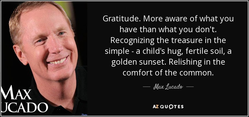 Gratitude. More aware of what you have than what you don't. Recognizing the treasure in the simple - a child's hug, fertile soil, a golden sunset. Relishing in the comfort of the common. - Max Lucado