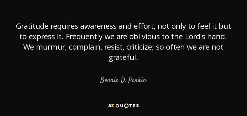 Gratitude requires awareness and effort, not only to feel it but to express it. Frequently we are oblivious to the Lord's hand. We murmur, complain, resist, criticize; so often we are not grateful. - Bonnie D. Parkin