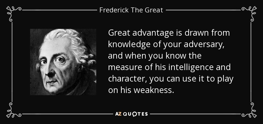 Great advantage is drawn from knowledge of your adversary, and when you know the measure of his intelligence and character, you can use it to play on his weakness. - Frederick The Great