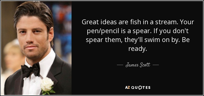 Great ideas are fish in a stream. Your pen/pencil is a spear. If you don't spear them, they'll swim on by. Be ready. - James Scott