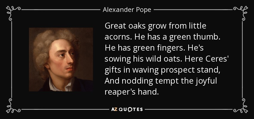 Great oaks grow from little acorns. He has a green thumb. He has green fingers. He's sowing his wild oats. Here Ceres' gifts in waving prospect stand, And nodding tempt the joyful reaper's hand. - Alexander Pope
