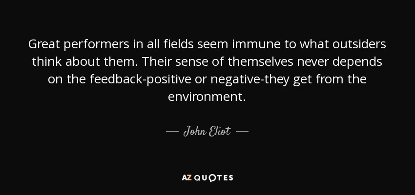 Great performers in all fields seem immune to what outsiders think about them. Their sense of themselves never depends on the feedback-positive or negative-they get from the environment. - John Eliot