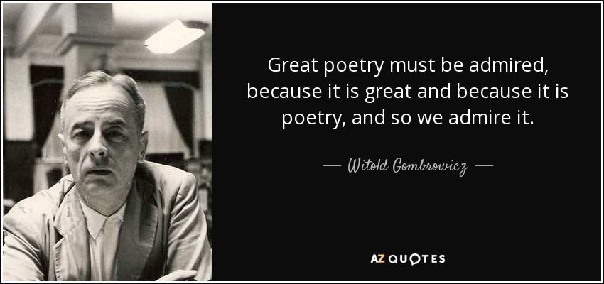 Great poetry must be admired, because it is great and because it is poetry, and so we admire it. - Witold Gombrowicz