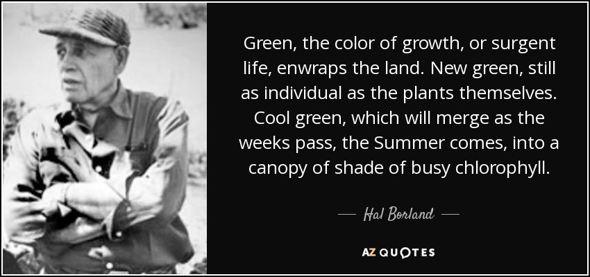 Green, the color of growth, or surgent life, enwraps the land. New green, still as individual as the plants themselves. Cool green, which will merge as the weeks pass, the Summer comes, into a canopy of shade of busy chlorophyll. - Hal Borland