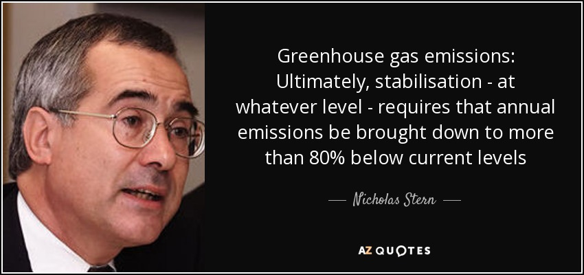 Greenhouse gas emissions: Ultimately, stabilisation - at whatever level - requires that annual emissions be brought down to more than 80% below current levels - Nicholas Stern