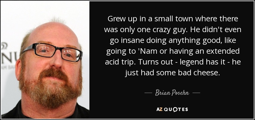 Grew up in a small town where there was only one crazy guy. He didn't even go insane doing anything good, like going to 'Nam or having an extended acid trip. Turns out - legend has it - he just had some bad cheese. - Brian Posehn