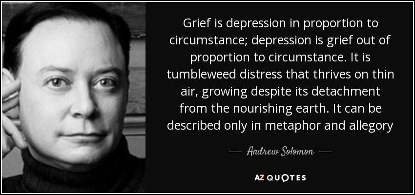 Grief is depression in proportion to circumstance; depression is grief out of proportion to circumstance. It is tumbleweed distress that thrives on thin air, growing despite its detachment from the nourishing earth. It can be described only in metaphor and allegory - Andrew Solomon