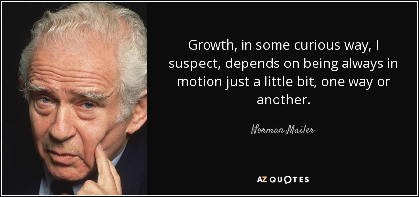 Growth, in some curious way, I suspect, depends on being always in motion just a little bit, one way or another. - Norman Mailer