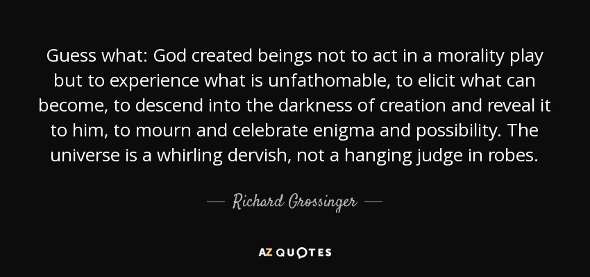 Guess what: God created beings not to act in a morality play but to experience what is unfathomable, to elicit what can become, to descend into the darkness of creation and reveal it to him, to mourn and celebrate enigma and possibility. The universe is a whirling dervish, not a hanging judge in robes. - Richard Grossinger