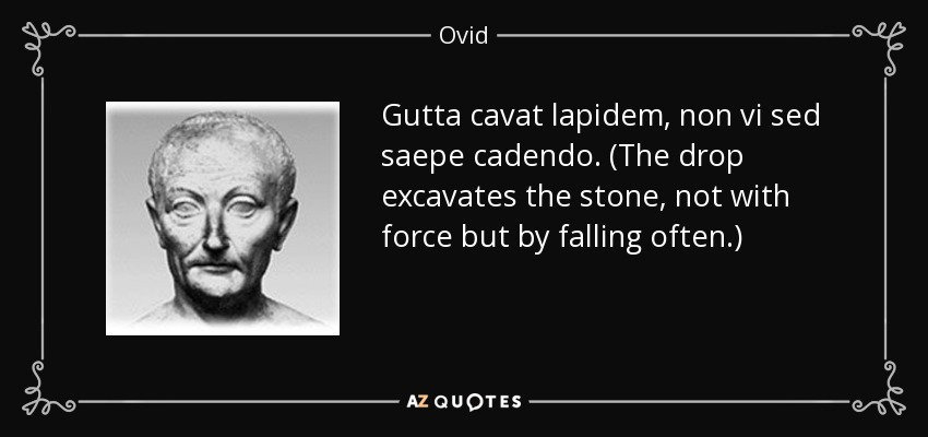 Gutta cavat lapidem, non vi sed saepe cadendo. (The drop excavates the stone, not with force but by falling often.) - Ovid