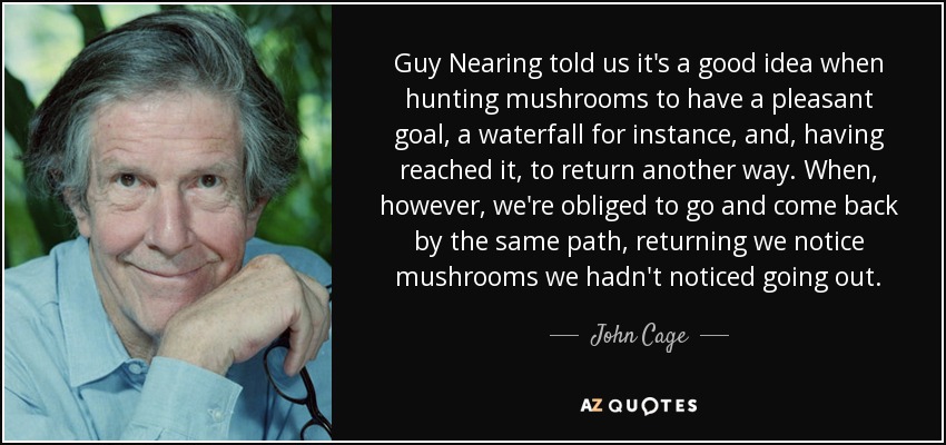 Guy Nearing told us it's a good idea when hunting mushrooms to have a pleasant goal, a waterfall for instance, and, having reached it, to return another way. When, however, we're obliged to go and come back by the same path, returning we notice mushrooms we hadn't noticed going out. - John Cage