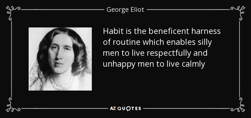 Habit is the beneficent harness of routine which enables silly men to live respectfully and unhappy men to live calmly - George Eliot