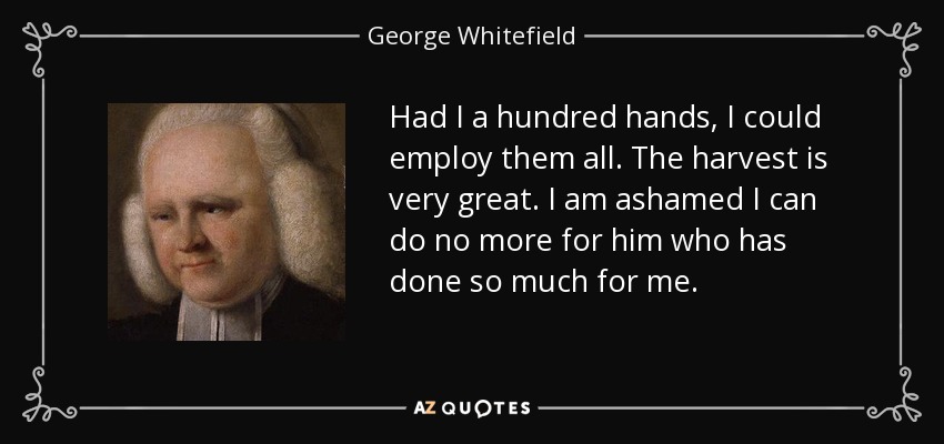 Had I a hundred hands, I could employ them all. The harvest is very great. I am ashamed I can do no more for him who has done so much for me. - George Whitefield