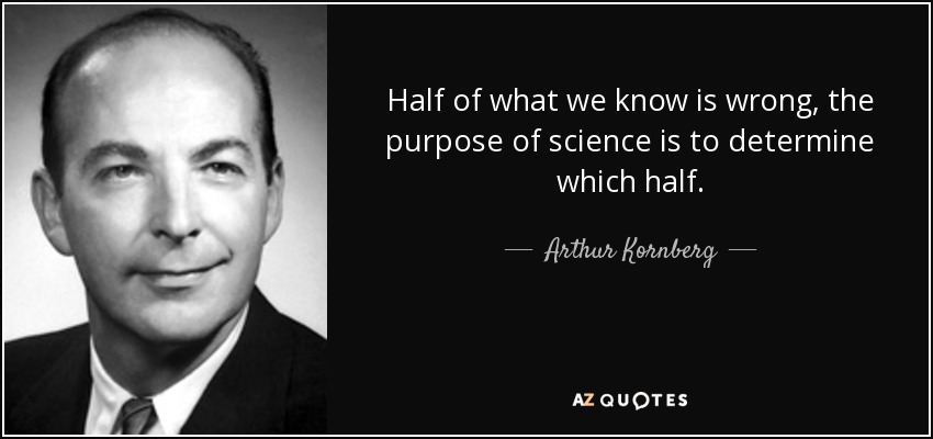 Half of what we know is wrong, the purpose of science is to determine which half. - Arthur Kornberg