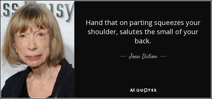 Hand that on parting squeezes your shoulder, salutes the small of your back. - Joan Didion