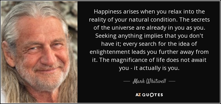 Happiness arises when you relax into the reality of your natural condition. The secrets of the universe are already in you as you. Seeking anything implies that you don't have it; every search for the idea of enlightenment leads you further away from it. The magnificance of life does not await you - it actually is you. - Mark Whitwell