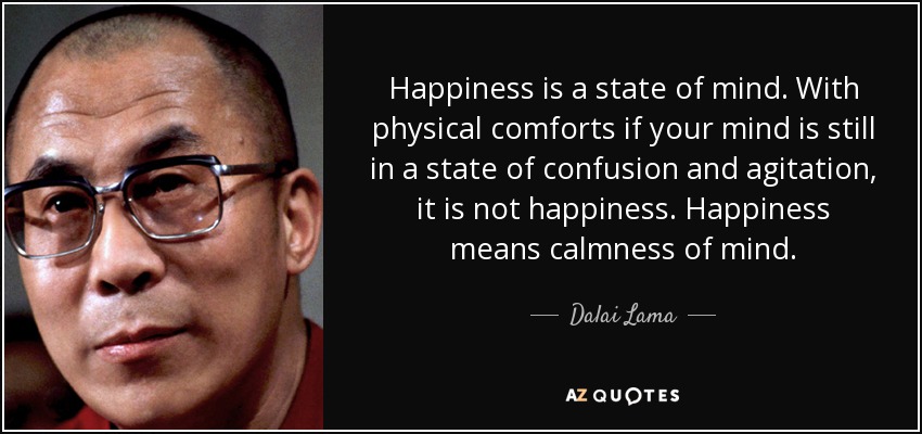 Happiness is a state of mind. With physical comforts if your mind is still in a state of confusion and agitation, it is not happiness. Happiness means calmness of mind. - Dalai Lama