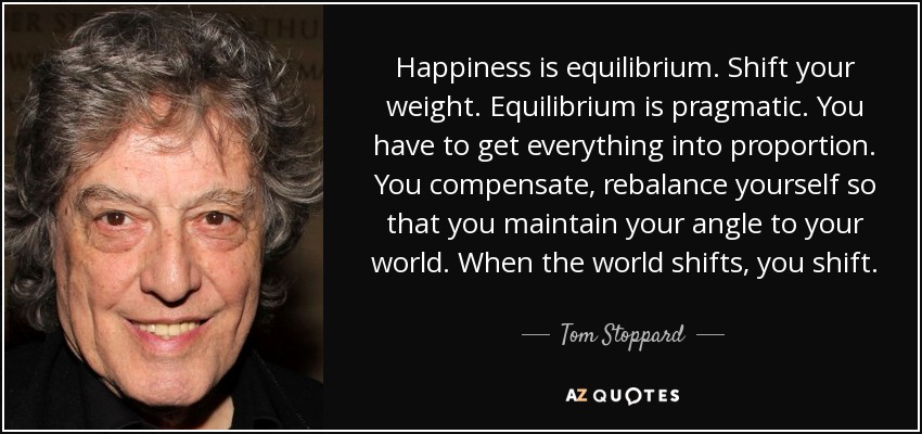 Happiness is equilibrium. Shift your weight. Equilibrium is pragmatic. You have to get everything into proportion. You compensate, rebalance yourself so that you maintain your angle to your world. When the world shifts, you shift. - Tom Stoppard