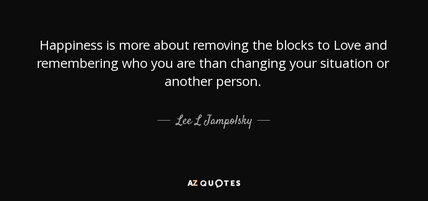 Happiness is more about removing the blocks to Love and remembering who you are than changing your situation or another person. - Lee L Jampolsky