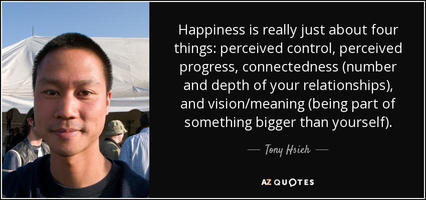 Happiness is really just about four things: perceived control, perceived progress, connectedness (number and depth of your relationships), and vision/meaning (being part of something bigger than yourself). - Tony Hsieh