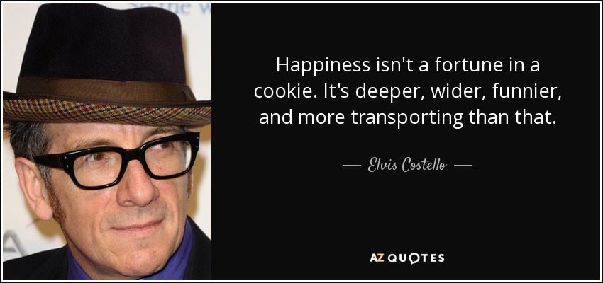 Happiness isn't a fortune in a cookie. It's deeper, wider, funnier, and more transporting than that. - Elvis Costello