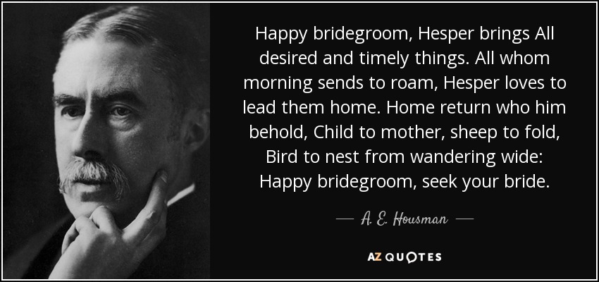 Happy bridegroom, Hesper brings All desired and timely things. All whom morning sends to roam, Hesper loves to lead them home. Home return who him behold, Child to mother, sheep to fold, Bird to nest from wandering wide: Happy bridegroom, seek your bride. - A. E. Housman