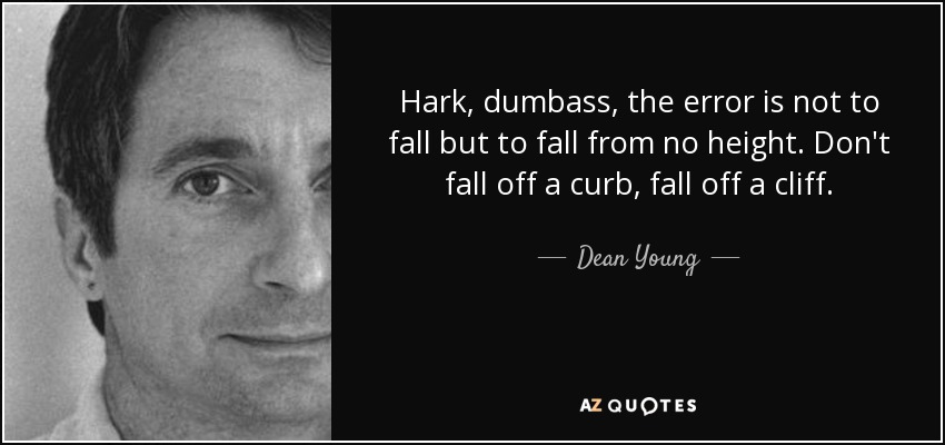 Hark, dumbass, the error is not to fall but to fall from no height. Don't fall off a curb, fall off a cliff. - Dean Young