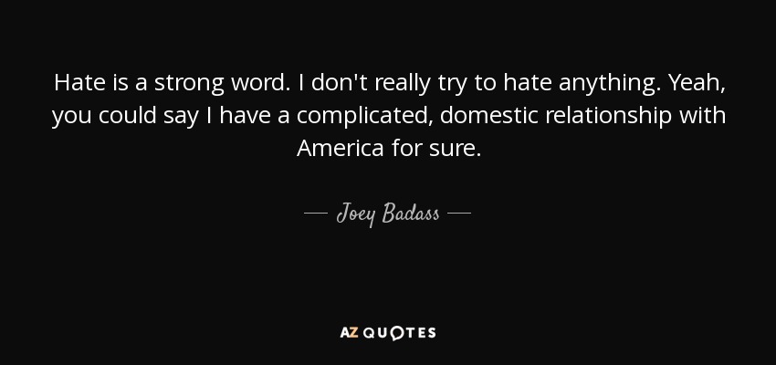 Hate is a strong word. I don't really try to hate anything. Yeah, you could say I have a complicated, domestic relationship with America for sure. - Joey Badass