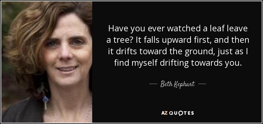 Have you ever watched a leaf leave a tree? It falls upward first, and then it drifts toward the ground, just as I find myself drifting towards you. - Beth Kephart