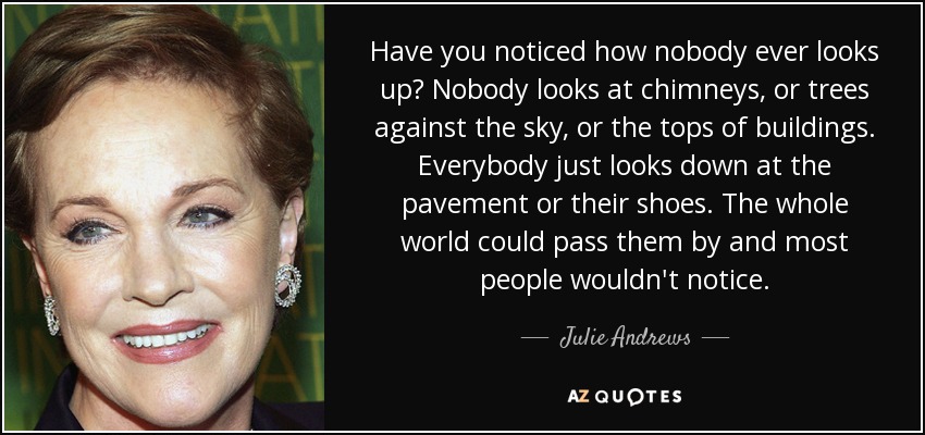 Have you noticed how nobody ever looks up? Nobody looks at chimneys, or trees against the sky, or the tops of buildings. Everybody just looks down at the pavement or their shoes. The whole world could pass them by and most people wouldn't notice. - Julie Andrews