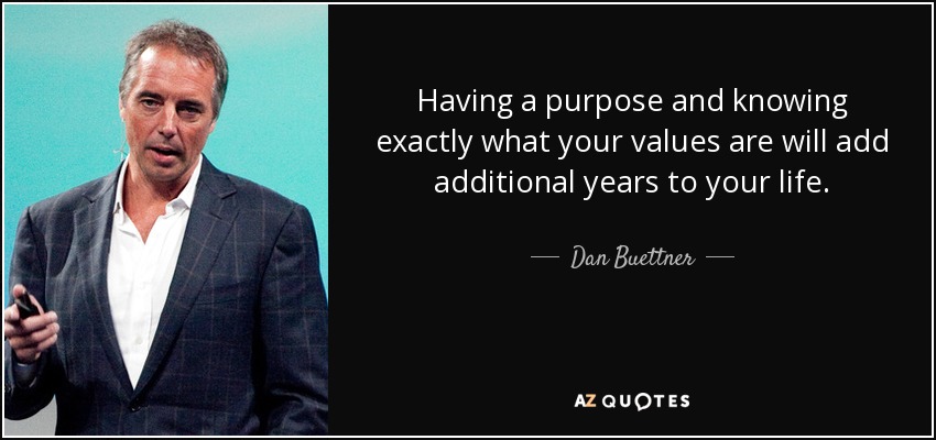Having a purpose and knowing exactly what your values are will add additional years to your life. - Dan Buettner