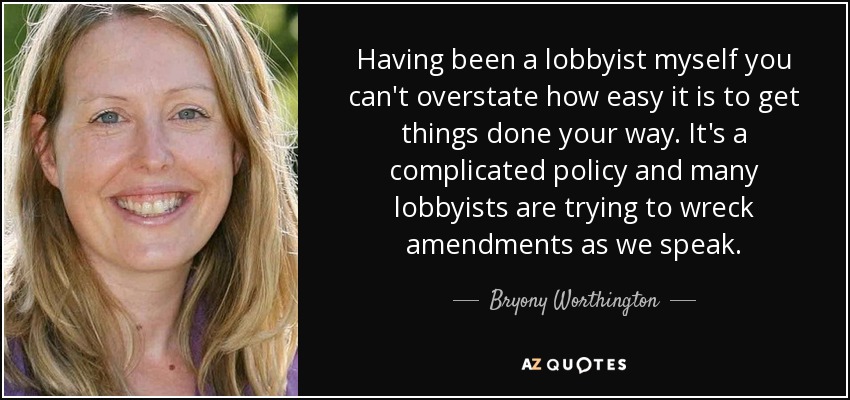 Having been a lobbyist myself you can't overstate how easy it is to get things done your way. It's a complicated policy and many lobbyists are trying to wreck amendments as we speak. - Bryony Worthington, Baroness Worthington