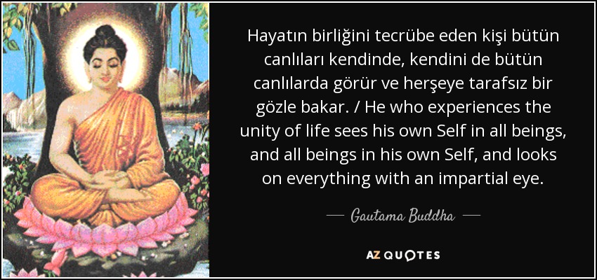 Hayatın birliğini tecrübe eden kişi bütün canlıları kendinde, kendini de bütün canlılarda görür ve herşeye tarafsız bir gözle bakar. / He who experiences the unity of life sees his own Self in all beings, and all beings in his own Self, and looks on everything with an impartial eye. - Gautama Buddha
