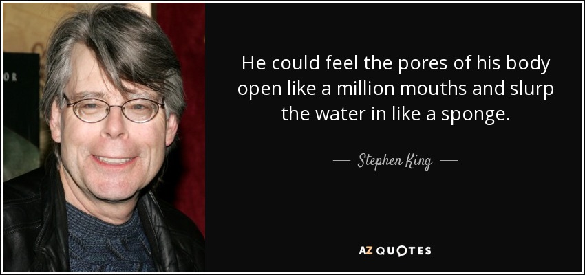 He could feel the pores of his body open like a million mouths and slurp the water in like a sponge. - Stephen King