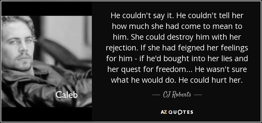 He couldn't say it. He couldn't tell her how much she had come to mean to him. She could destroy him with her rejection. If she had feigned her feelings for him - if he'd bought into her lies and her quest for freedom... He wasn't sure what he would do. He could hurt her. - CJ Roberts