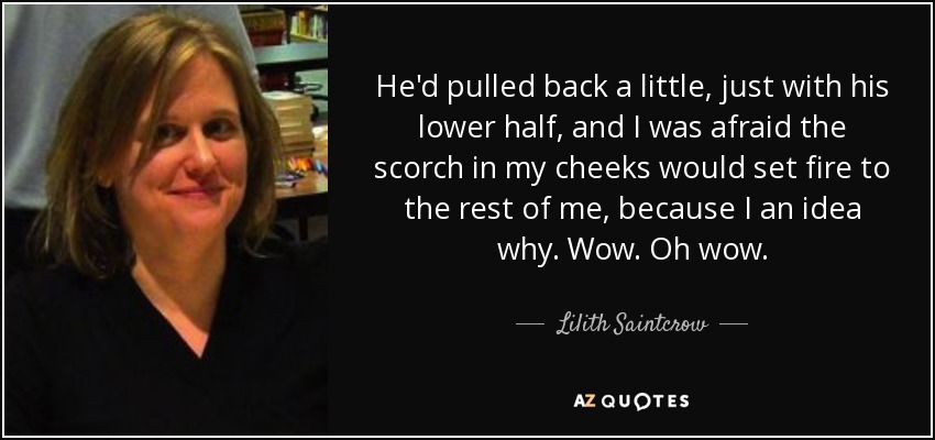 He'd pulled back a little, just with his lower half, and I was afraid the scorch in my cheeks would set fire to the rest of me, because I an idea why. Wow. Oh wow. - Lilith Saintcrow