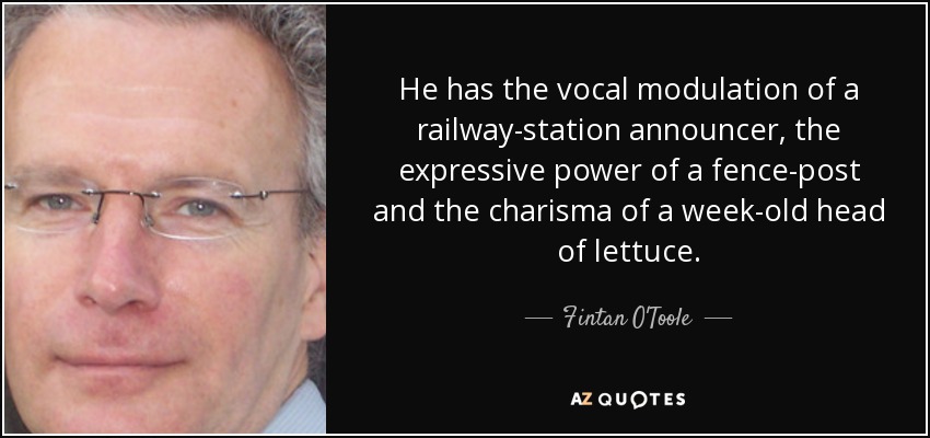He has the vocal modulation of a railway-station announcer, the expressive power of a fence-post and the charisma of a week-old head of lettuce. - Fintan O'Toole