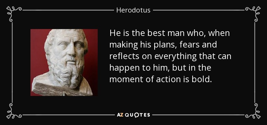 He is the best man who, when making his plans, fears and reflects on everything that can happen to him, but in the moment of action is bold. - Herodotus