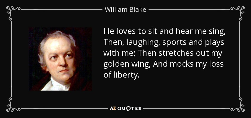 He loves to sit and hear me sing, Then, laughing, sports and plays with me; Then stretches out my golden wing, And mocks my loss of liberty. - William Blake