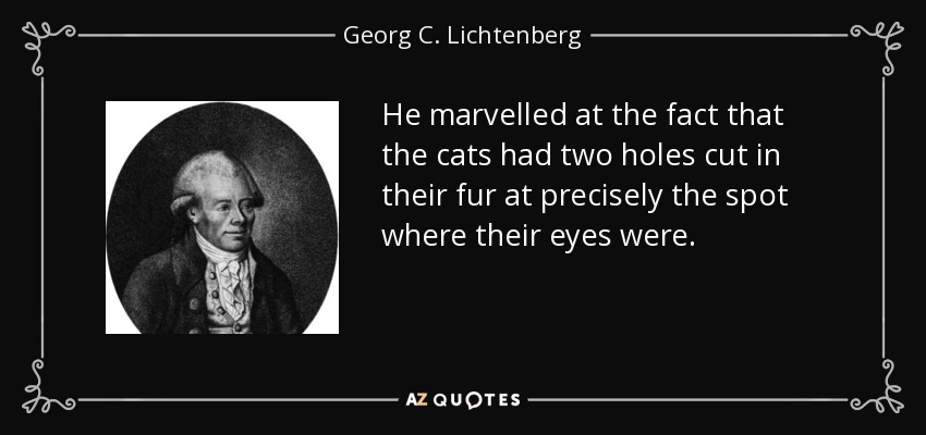 He marvelled at the fact that the cats had two holes cut in their fur at precisely the spot where their eyes were. - Georg C. Lichtenberg