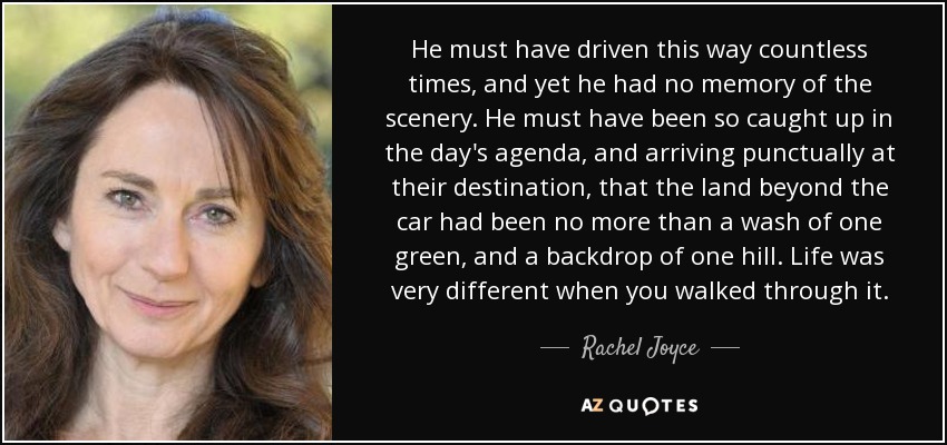 He must have driven this way countless times, and yet he had no memory of the scenery. He must have been so caught up in the day's agenda, and arriving punctually at their destination, that the land beyond the car had been no more than a wash of one green, and a backdrop of one hill. Life was very different when you walked through it. - Rachel Joyce