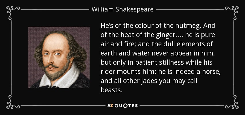 He's of the colour of the nutmeg. And of the heat of the ginger.... he is pure air and fire; and the dull elements of earth and water never appear in him, but only in patient stillness while his rider mounts him; he is indeed a horse, and all other jades you may call beasts. - William Shakespeare