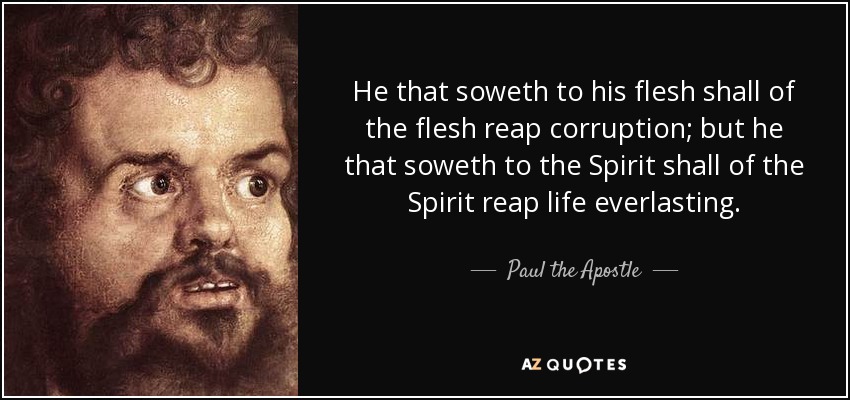 He that soweth to his flesh shall of the flesh reap corruption; but he that soweth to the Spirit shall of the Spirit reap life everlasting. - Paul the Apostle