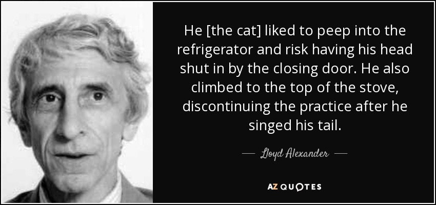 He [the cat] liked to peep into the refrigerator and risk having his head shut in by the closing door. He also climbed to the top of the stove, discontinuing the practice after he singed his tail. - Lloyd Alexander