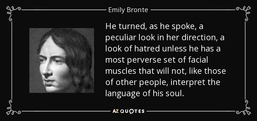 He turned, as he spoke, a peculiar look in her direction, a look of hatred unless he has a most perverse set of facial muscles that will not, like those of other people, interpret the language of his soul. - Emily Bronte