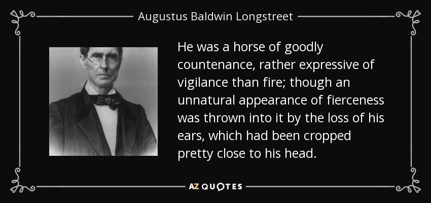 He was a horse of goodly countenance, rather expressive of vigilance than fire; though an unnatural appearance of fierceness was thrown into it by the loss of his ears, which had been cropped pretty close to his head. - Augustus Baldwin Longstreet