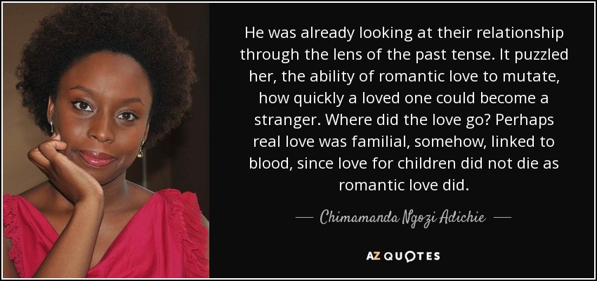 He was already looking at their relationship through the lens of the past tense. It puzzled her, the ability of romantic love to mutate, how quickly a loved one could become a stranger. Where did the love go? Perhaps real love was familial, somehow, linked to blood, since love for children did not die as romantic love did. - Chimamanda Ngozi Adichie