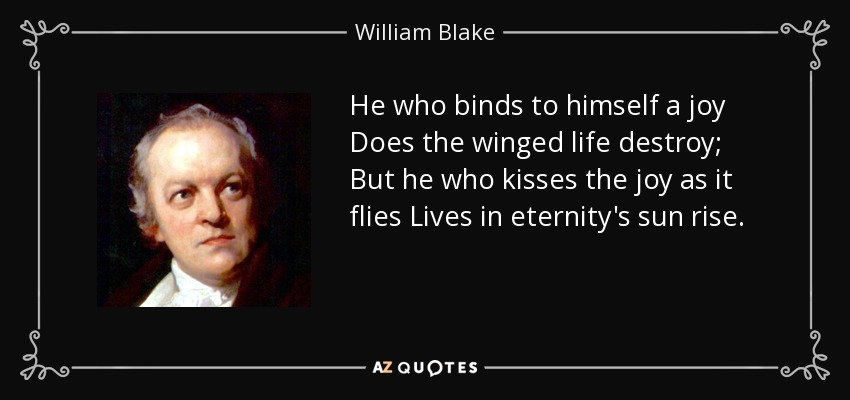 He who binds to himself a joy Does the winged life destroy; But he who kisses the joy as it flies Lives in eternity's sun rise. - William Blake